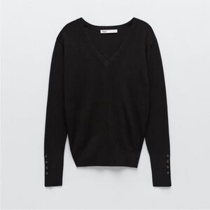 Zara Black V-Neck Sweater with Gold Button Cuffs
